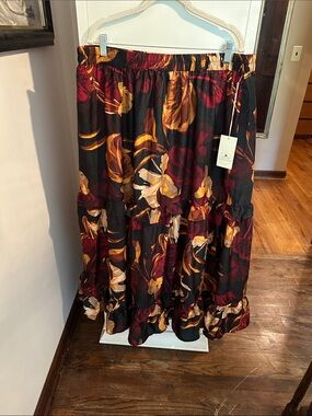 Black Floral Tiered Maxi Skirt with Burgundy and Mustard Leaves